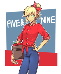 Size: 1000x1200 | Tagged: safe, artist:dcon, character:applejack, episode:five to nine, g4, my little pony: equestria girls, my little pony:equestria girls, apple, box, clothing, female, food, hand on hip, jeans, looking at you, pants, smiling, solo