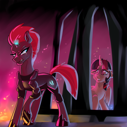 Size: 2000x2000 | Tagged: safe, artist:mylittlegodzilla, character:tempest shadow, character:twilight sparkle, character:twilight sparkle (alicorn), species:alicorn, species:pony, species:unicorn, my little pony: the movie (2017), armor, broken horn, cage, crying, female, mare, open up your eyes, scene interpretation, sparking horn