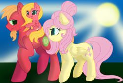 Size: 1024x688 | Tagged: safe, artist:leanne264, base used, character:big mcintosh, character:fluttershy, oc, oc:sweet apple, parent:big macintosh, parent:fluttershy, parents:fluttermac, species:pegasus, species:pony, ship:fluttermac, alternate hairstyle, facial hair, family, female, filly, goatee, hair bun, male, offspring, older, ponies riding ponies, shipping, straight
