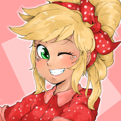 Size: 640x640 | Tagged: safe, artist:kogarasumaru24, character:applejack, species:human, episode:five to nine, g4, my little pony: equestria girls, my little pony:equestria girls, bandana, bust, clothing, cute, female, human coloration, humanized, jackabetes, looking at you, one eye closed, pink background, simple background, smiling, solo, wink