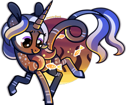 Size: 1981x1651 | Tagged: safe, artist:amberpone, oc, oc only, oc:liquid orbit, species:pony, species:unicorn, adult, blue, blue hair, contest prize, cutie mark, digital art, eyes open, female, fish, food, fullbody, glow, heart eyes, lighting, lineart, long horn, long tail, looking down, mare, orange, original character do not steal, pink, purple, purple eyes, shading, simple background, solo, standing, transparent background, underwater, wingding eyes, yellow
