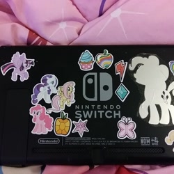 Size: 1440x1440 | Tagged: safe, artist:ponylover88, character:fluttershy, character:pinkie pie, character:rarity, character:twilight sparkle, character:twilight sparkle (alicorn), species:alicorn, species:pony, decoration, irl, nintendo switch, photo, sticker