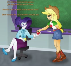 Size: 4062x3754 | Tagged: safe, artist:poseidonathenea, character:applejack, character:rarity, episode:school daze, g4, my little pony: equestria girls, my little pony: friendship is magic, my little pony:equestria girls, apple, belt, boots, chalkboard, clothing, cowboy boots, cowboy hat, crossed legs, denim skirt, food, glasses, hair bun, hat, high heels, implied lesbian, implied rarijack, implied shipping, legs, poem, schoolmarm rarity, shoe dangling, shoes, skirt, stetson, teacher, this will end in a night on the couch