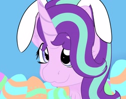 Size: 3307x2598 | Tagged: safe, artist:jubyskylines, character:starlight glimmer, species:pony, species:unicorn, :3, bunny ears, chest fluff, cute, easter, easter egg, female, glimmerbetes, holiday, mare, solo