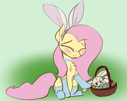 Size: 2000x1600 | Tagged: safe, artist:veesocks, character:angel bunny, character:fluttershy, 30 minute art challenge, basket, blushing, bunny ears, chest fluff, clothing, collar, cute, easter, easter bunny, easter egg, fluffy, green background, hnnng, holiday, shyabetes, simple background, socks