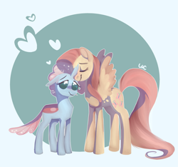 Size: 2805x2627 | Tagged: safe, artist:waackery, character:fluttershy, character:ocellus, species:changeling, species:pegasus, species:pony, species:reformed changeling, episode:school daze, g4, my little pony: friendship is magic, cute, diaocelles, duo, female, fluttermom, heart, mare, maternal instinct, motherly, shyabetes, simple background, smiling, spread wings, standing, wings