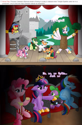 Size: 2161x3319 | Tagged: safe, artist:poseidonathenea, character:apple bloom, character:pinkie pie, character:princess celestia, character:rainbow dash, character:scootaloo, character:spike, character:sweetie belle, character:twilight sparkle, character:twilight sparkle (alicorn), species:alicorn, species:dragon, species:earth pony, species:goat, species:pegasus, species:pony, species:unicorn, episode:horse play, g4, my little pony: friendship is magic, :o, :t, audience, awkward, camcorder, castle, clothing, colt, comic, costume, cute, cutelestia, cutie mark crusaders, digital art, dress, drool, eating, eyes closed, female, filly, floppy ears, food, frown, hat, high res, hoof hold, leaning, lidded eyes, male, mare, open mouth, play, popcorn, puffy cheeks, raised hoof, sitting, sleeping, smiling, stage, theater, tree, unamused, video camera, waving