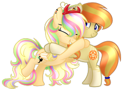 Size: 1680x1200 | Tagged: safe, artist:xxmelody-scribblexx, oc, oc only, oc:melody scribble, species:earth pony, species:pegasus, species:pony, colored wings, colored wingtips, duo, duo female, ear piercing, eyes closed, female, freckles, happy, headband, hug, long mane, mare, messy mane, piercing, raised leg, simple background, socks (coat marking), tail band, transparent background, two toned wings