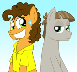 Size: 1001x936 | Tagged: safe, artist:crazynutbob, character:cheese sandwich, character:mudbriar, episode:the maud couple, g4, my little pony: friendship is magic, awkward, gradient background, grin, nervous, nervous grin, smiling, sweat, sweatdrop