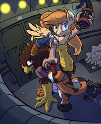 Size: 2433x2988 | Tagged: safe, artist:kalemon, oc, oc only, oc:kerfuffle, oc:tami, species:griffon, species:hippogriff, clothing, electricity, pullover, smoke, space horse rpg, spaceship, tools