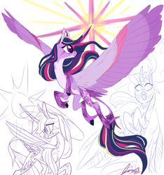 Size: 750x800 | Tagged: safe, artist:creeate97, character:twilight sparkle, character:twilight sparkle (alicorn), species:alicorn, species:pony, big wings, female, flying, glowing horn, leonine tail, magic, mare, redesign, signature, simple background, solo, spread wings, unshorn fetlocks, white background, wings