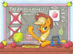 Size: 4170x3090 | Tagged: safe, artist:xeviousgreenii, character:applejack, species:earth pony, species:pony, episode:school daze, g4, my little pony: friendship is magic, abacus, absurd file size, apple, applejack's hat, attack of the killer tomatoes, biased, book, chalkboard, cheese, clothing, cowboy hat, female, food, globe, grapes, halo, hat, newton's cradle, pear, pointer, scene interpretation, solo, sponge, strawberry, teacher, that pony sure does hate pears, that pony sure does hate strawberries, that pony sure does love apples, tongue out