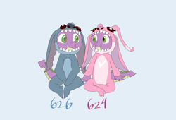 Size: 3751x2551 | Tagged: safe, artist:chiptunebrony, character:barb, character:spike, angel, barbabetes, clothing, cosplay, costume, crossover, cute, disney, experiment 624, experiment 626, kigurumi, rule 63, rule63betes, shipping, spikabetes, spikebarb, stitch