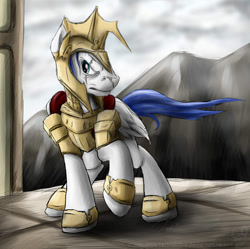Size: 900x897 | Tagged: safe, artist:rule1of1coldfire, species:pegasus, species:pony, angry, armor, eye scar, helmet, male, raised hoof, royal guard, scar, solo, stallion
