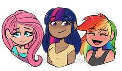 Size: 3200x1861 | Tagged: safe, artist:fairdahlia, character:fluttershy, character:rainbow dash, character:twilight sparkle, species:human, :d, :t, blushing, bust, cute, dark skin, eyes closed, female, humanized, lidded eyes, looking at you, multicolored hair, no nose, open mouth, simple background, smiling, white background