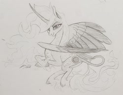 Size: 2471x1905 | Tagged: safe, artist:creeate97, character:daybreaker, character:princess celestia, species:alicorn, species:classical unicorn, species:pony, cloven hooves, curved horn, female, grayscale, leonine tail, mare, monochrome, pencil drawing, signature, simple background, smiling, solo, traditional art, unshorn fetlocks, white background