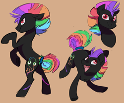 Size: 3000x2500 | Tagged: safe, artist:veesocks, oc, oc only, oc:blacklight flash, species:earth pony, species:pony, brown background, happy, headphones, looking at you, male, rainbow hair, rearing, red eyes, simple background, solo, stallion