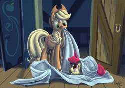 Size: 1000x707 | Tagged: safe, artist:fiddlearts, character:apple bloom, character:applejack, adorabloom, blanket, cute, sisters, wrapped up