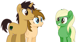 Size: 2749x1517 | Tagged: safe, artist:peahead, oc, oc only, oc:data wave, oc:stellar winds, species:pegasus, species:pony, species:unicorn, my little pony: the movie (2017), blonde, blue eyes, brown eyes, female, grin, male, mare, movie accurate, simple background, smiling, stallion, transparent background, vector
