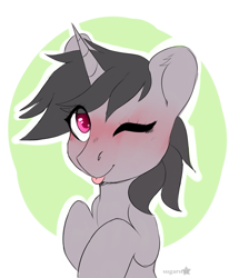 Size: 1913x2226 | Tagged: safe, artist:sugarstar, oc, oc:black steel, species:pony, species:unicorn, blushing, cute, female, mare, one eye closed, tongue out, wink