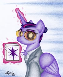 Size: 2020x2473 | Tagged: safe, artist:thechrispony, character:twilight sparkle, character:twilight sparkle (alicorn), species:alicorn, species:pony, book, chest fluff, clothing, crossover, far cry, far cry 5, female, glasses, glowing horn, joseph seed, looking at you, magic, signature, solo, suit, telekinesis, traditional art