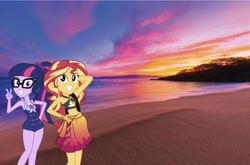 Size: 1889x1245 | Tagged: safe, artist:keronianniroro, editor:php77, character:sunset shimmer, character:twilight sparkle, character:twilight sparkle (scitwi), species:eqg human, species:pony, g4, my little pony: equestria girls, my little pony:equestria girls, beach, clothing, equestria girls in real life, irl, photo, ponies in real life, sarong, sunset selfie, swimsuit