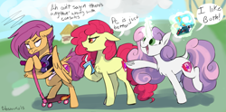 Size: 3461x1716 | Tagged: dead source, safe, artist:veesocks, character:apple bloom, character:scootaloo, character:sweetie belle, species:classical unicorn, species:earth pony, species:pegasus, species:pony, species:unicorn, argument, bad dragon, bendy straw, cloven hooves, cutie mark crusaders, dialogue, drink, drinking straw, easter egg, gamer belle, leonine tail, magic, older, older apple bloom, older scootaloo, older sweetie belle, pc master race, scootaloo is not amused, unamused, unshorn fetlocks, wings
