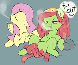 Size: 3000x2500 | Tagged: safe, artist:veesocks, character:fluttershy, character:tree hugger, species:earth pony, species:pegasus, species:pony, 30 minute art challenge, dialogue, dreadlocks, drugs, duo, female, flutterhigh, flutterjoint, high, joint, mare, marijuana, pillow, simple background, smoke, smoking, tree stoner, wing hold, wings