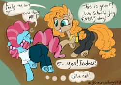 Size: 2760x1940 | Tagged: safe, artist:veesocks, character:cup cake, character:pear butter, species:earth pony, species:pony, 30 minute art challenge, best friends, chiffon swirl, clothing, cute, dialogue, duo, exercise, female, frog (hoof), jogging, mare, pants, running, speech bubble, sweat, thought bubble, underhoof, yoga pants