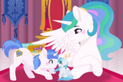Size: 1024x688 | Tagged: safe, artist:leanne264, character:princess celestia, oc, oc:blue guardian, oc:skyfall, parent:princess celestia, parent:royal guard, parents:canon x oc, parents:guardlestia, species:pegasus, species:pony, species:unicorn, baby, baby pony, boop, colt, female, filly, male, noseboop, offspring