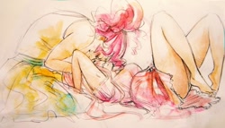 Size: 800x456 | Tagged: safe, artist:schpog, character:fluttershy, character:pinkie pie, ship:flutterpie, barefoot, blushing, cuddling, eye contact, feet, female, humanized, kneeling, lesbian, on back, shipping, snuggling, watercolor painting