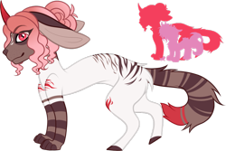 Size: 1095x730 | Tagged: safe, artist:sweethearttarot, oc, oc only, oc:beatrice, species:draconequus, curved horn, donkey ears, fluffy tail, hooves, paws, simple background, stripes, transparent background