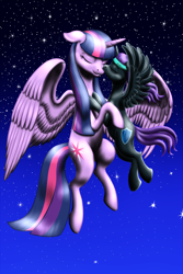 Size: 2000x3000 | Tagged: safe, artist:vasillium, character:twilight sparkle, character:twilight sparkle (alicorn), oc, oc:nyx, species:alicorn, species:pony, alicorn oc, cutie mark, dancing, daughter, eyes closed, female, flying, headband, high res, hug, kiss on the cheek, kissing, love, mother, mother and daughter, night, night sky, pen stroke, royalty, sailor moon, sky, spread wings, stars, wings