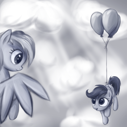 Size: 1200x1200 | Tagged: safe, artist:fajeh, character:rainbow dash, character:scootaloo, species:pegasus, species:pony, balloon, cute, cutealoo, duo, duo female, female, filly, flying, looking at each other, mare, scootaloo can't fly, sky