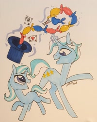Size: 1981x2479 | Tagged: safe, artist:creeate97, character:jack pot, character:trixie, species:pony, species:unicorn, g4, clothing, duo, father and daughter, female, filly, glowing horn, hat, magic, magic trick, male, playing card, raised hoof, signature, simple background, stallion, telekinesis, top hat, traditional art, younger