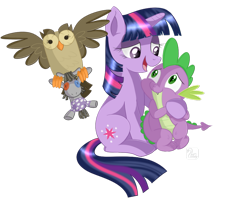 Size: 900x720 | Tagged: safe, artist:swanlullaby, character:owlowiscious, character:smarty pants, character:spike, character:twilight sparkle, species:dragon, species:owl, species:pony, species:unicorn, carrying, cute, female, flying, hug, lidded eyes, mare, open mouth, simple background, smiling, spikelove, spread wings, transparent background, wings