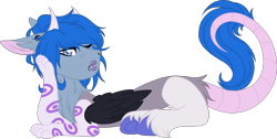 Size: 2603x1315 | Tagged: safe, artist:sweethearttarot, oc, oc only, oc:cosmic hijinx, ponysona, species:draconequus, blue hair, cloven hooves, donkey ears, draconesona, folded wings, gages, makeup, one eye closed, paws, piercing, rat tail, simple background, solo, transparent background, unshorn fetlocks, wink