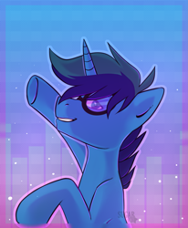 Size: 1955x2375 | Tagged: safe, artist:sugarstar, oc, oc only, oc:joinedtheherd, species:pony, species:unicorn, equalizer, frame, gift art, glasses, gradient background, horn, looking at you, male, raised hoof, smiling, solo, stallion, teeth, underhoof, vinyl's glasses