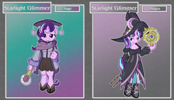 Size: 3376x1950 | Tagged: safe, artist:brownie-bytes, character:starlight glimmer, species:anthro, species:pony, species:unguligrade anthro, species:unicorn, breasts, cleavage, clothing, crossover, cute, dress, duo, final fantasy, hat, magus, robe, s5 starlight, sage, shoes, skirt, smiling, staff, staff of sameness, wand, witch hat