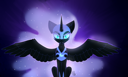 Size: 3380x2040 | Tagged: safe, artist:sugarstar, character:nightmare moon, character:princess luna, species:alicorn, species:pony, armor, fangs, female, gradient background, horn, looking at you, mare, simple background, sitting, slit eyes, smiling, solo, spread wings, wings