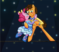 Size: 1001x884 | Tagged: safe, artist:crazynutbob, character:cheese sandwich, character:pinkie pie, ship:cheesepie, ballet slippers, blushing, bow, bow tie, clothing, dancing, dress, eye contact, female, looking at each other, male, shipping, spotlight, straight, suit, tightrope