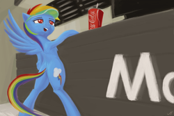 Size: 6000x4000 | Tagged: safe, artist:madgehog, character:rainbow dash, species:pegasus, species:pony, coca-cola, fastfood restaurant, female, happy, mare, open mouth, plot, spread wings, underhoof, wings