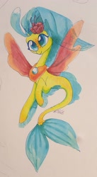 Size: 1786x3250 | Tagged: safe, artist:creeate97, character:princess skystar, species:seapony (g4), g4, my little pony: the movie (2017), female, freckles, mermay, signature, simple background, smiling, solo, traditional art