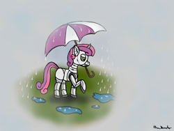 Size: 2664x1998 | Tagged: safe, artist:thevincenator, character:sweetie belle, species:pony, species:unicorn, sweetie bot, blank flank, female, filly, foal, hooves, horn, rain, raised hoof, robot, robot pony, solo, umbrella