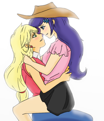 Size: 758x880 | Tagged: safe, artist:eulicious, character:applejack, character:rarity, species:human, ship:rarijack, accessory swap, blushing, embrace, female, humanized, lesbian, looking at each other, shipping, simple background, sitting on lap, white background