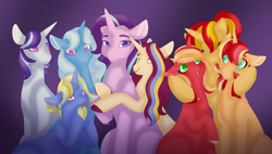 Size: 1024x582 | Tagged: safe, artist:clay-bae, character:starlight glimmer, character:sunset shimmer, character:trixie, oc, oc:andromeda, oc:dreamcatcher, oc:helios, oc:kindle sparks, oc:moonlight, parent:big macintosh, parent:starlight glimmer, parent:sunset shimmer, parent:trixie, parents:shimmerglimmer, parents:shimmermac, parents:startrix, parents:suntrix, species:pony, species:unicorn, ship:shimmerglimmer, ship:startrix, ship:suntrix, colt, family, female, filly, half-siblings, hug, lesbian, magical lesbian spawn, male, offspring, polyamory, shipping