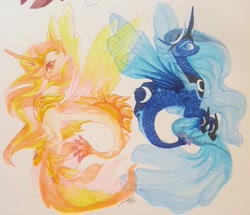 Size: 2495x2146 | Tagged: safe, artist:creeate97, character:princess celestia, character:princess luna, species:pony, curved horn, duo, female, mare, merpony, royal sisters, seapony celestia, seapony luna, signature, simple background, sisters, smiling, species swap, traditional art, transparent background