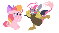 Size: 1280x720 | Tagged: safe, artist:turkleson, oc, oc:honeycrisp blossom, oc:pandora, parent:big macintosh, parent:discord, parent:princess cadance, parent:twilight sparkle, parents:cadmac, parents:discolight, species:draconequus, species:earth pony, species:pony, pandoraverse, bow, cheering up, crying, cute, draconequus oc, female, filly, genderfluid, hair bow, honeycrisp tales, hybrid, interspecies offspring, laughing, next generation, nonbinary, offspring, simple background, tears of laughter, white background