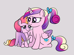 Size: 1024x768 | Tagged: safe, artist:kuromi, character:princess cadance, oc, oc:honeycrisp blossom, parent:big macintosh, parent:princess cadance, parents:cadmac, species:alicorn, species:earth pony, species:pony, bow, colored wings, duo, female, gradient wings, gray background, hair bow, hug, mare, mother and daughter, simple background, tail bow, teen princess cadance, winghug