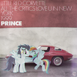 Size: 800x800 | Tagged: safe, artist:adrianimpalamata, character:rainbow dash, character:soarin', species:pony, ship:soarindash, album cover, car, chevrolet, chevrolet corvette, corvette, corvette c2, female, irl, kiss on the cheek, kissing, male, music, photo, ponies in real life, prince (musician), shipping, song, straight, vector